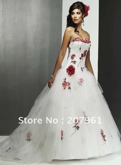 White with Red Flowers Wedding Dress - Plus Sizes available