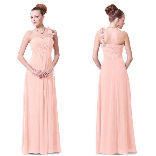 Flowers One Shoulder Chiffon Padded Long Bridemaid Dress