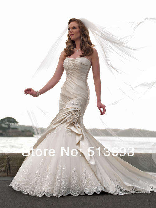 Strapless Lace Crystals Satin Mermaid Beach Wedding Dress