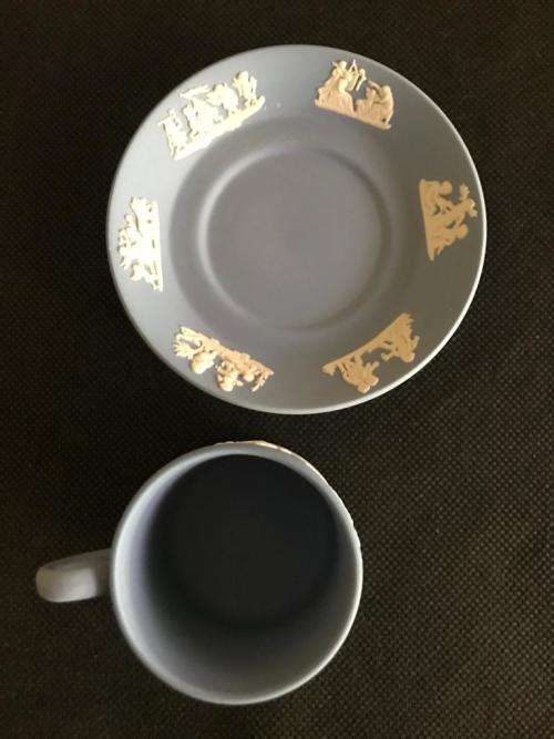 WEDGWOOD RARE DEMITASSE CUP AND SAUCER `CLASSIC FIGURES` RELIEF