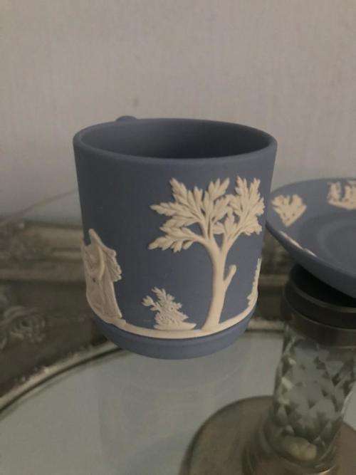 WEDGWOOD RARE DEMITASSE CUP AND SAUCER `CLASSIC FIGURES` RELIEF