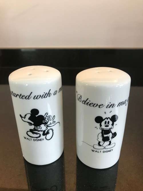 `BELIEVE IN MAGIC!!!`/`IT ALL STARTED WITH A MOUSE`  - WALT DISNEY CERAMIC SALT AND PEPPER SHAKERS