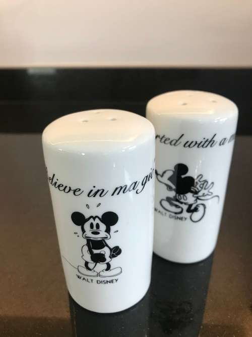`BELIEVE IN MAGIC!!!`/`IT ALL STARTED WITH A MOUSE`  - WALT DISNEY CERAMIC SALT AND PEPPER SHAKERS