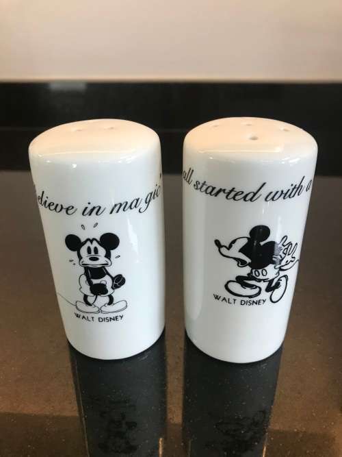 `BELIEVE IN MAGIC!!!`/`IT ALL STARTED WITH A MOUSE`  - WALT DISNEY CERAMIC SALT AND PEPPER SHAKERS