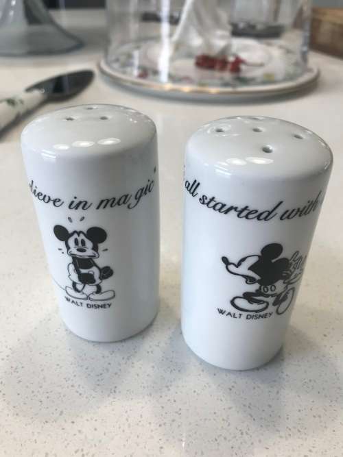 `BELIEVE IN MAGIC!!!`/`IT ALL STARTED WITH A MOUSE`  - WALT DISNEY CERAMIC SALT AND PEPPER SHAKERS