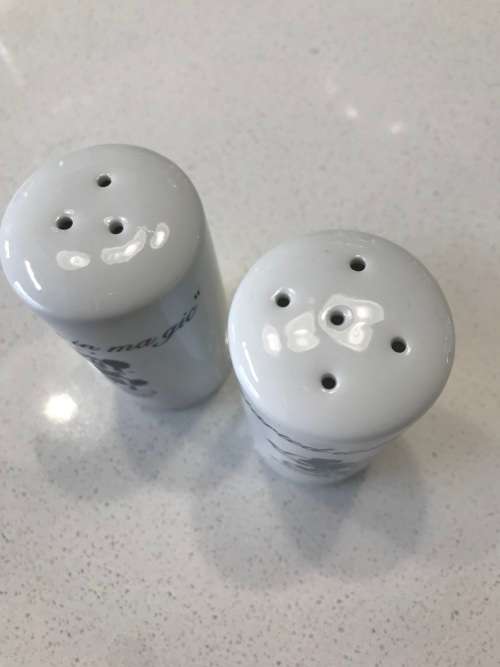 `BELIEVE IN MAGIC!!!`/`IT ALL STARTED WITH A MOUSE`  - WALT DISNEY CERAMIC SALT AND PEPPER SHAKERS