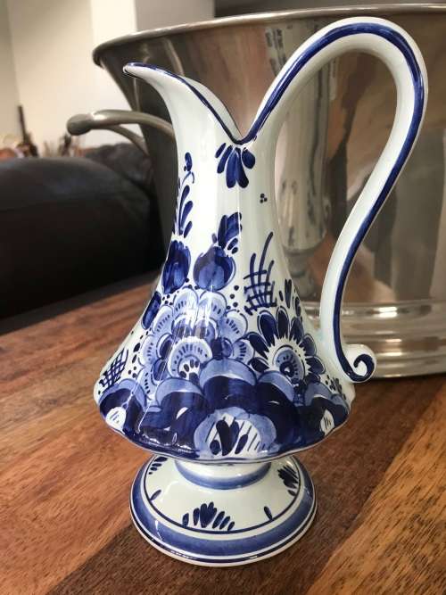 VINTAGE!! RARE DELFT BLUE JUG, MADE IN HOLLAND HAND PAINTED BLUE FLORAL PITCHER