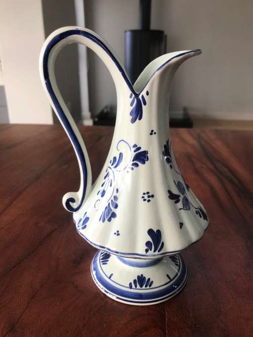 VINTAGE!! RARE DELFT BLUE JUG, MADE IN HOLLAND HAND PAINTED BLUE FLORAL PITCHER