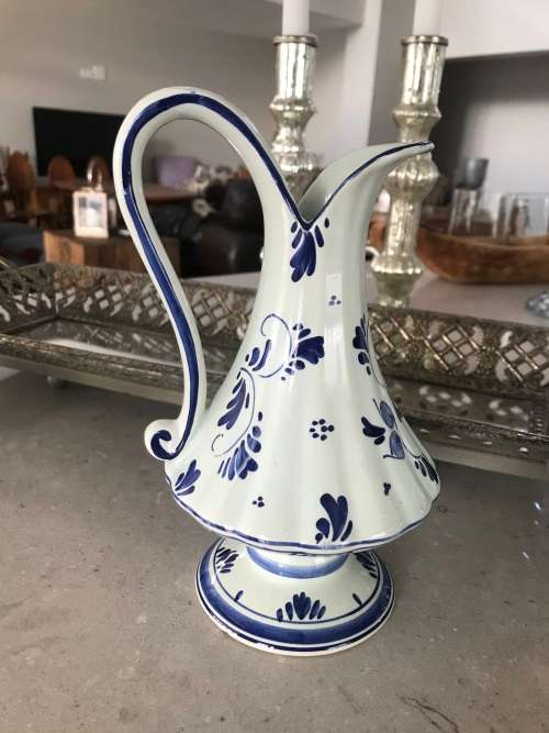 VINTAGE!! RARE DELFT BLUE JUG, MADE IN HOLLAND HAND PAINTED BLUE FLORAL PITCHER