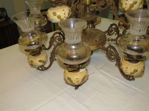 Vintage 12 Arm Brass and Porcelain Chandelier