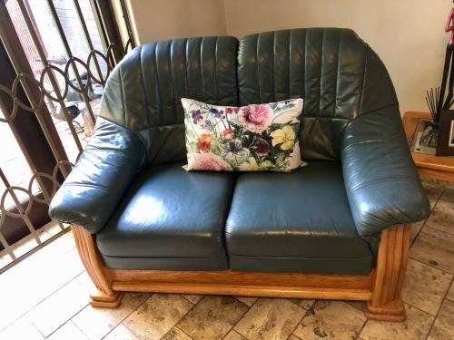 3-Piece Genuine Oak & Leather Lounge Suite (Petrol Blue)