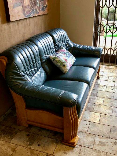 3-Piece Genuine Oak & Leather Lounge Suite (Petrol Blue)