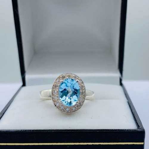 *BLUE AQUAMARINE CUBIC HALO RING* 925 SILVER!