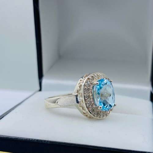 *BLUE AQUAMARINE CUBIC HALO RING* 925 SILVER!
