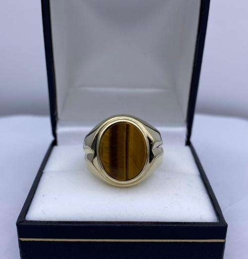 ***STUNNING YELLOW GOLD TIGER EYE SIGNET INDENT RING*** R1 BIDS!