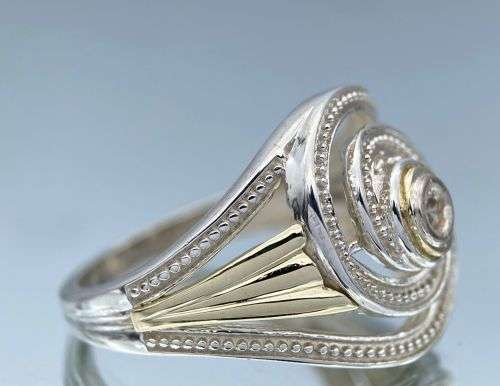 ***9K YELLOW GOLD & SILVER DIAMOND WHIRLPOOL RING*** R1 BIDS!