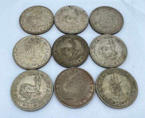 LOT OF 9 X 5 SHILLING 50% SILVER COINS BID @ R1!