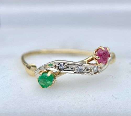 18K DIAMOND-EMERALD-RUBY INFINITY RING