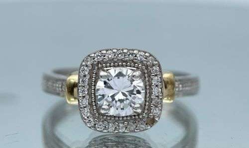 ***9K YELLOW GOLD & SILVER CZ HALO CYCLOPS TWO-TONE RING* R1 BIDS