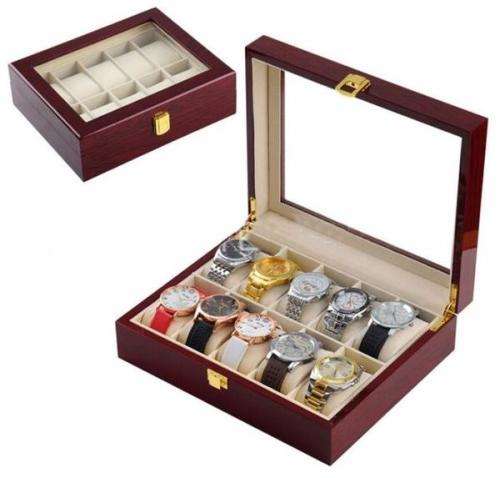 Watch Organising Display Box - Cherry Wood - 10 Grid