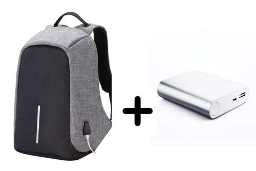 Anti-Theft Backpack with 10400mAh Powerbank - COMBO - Grey