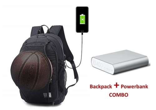 Tech Backpack with Sporting Net & 10400mAh Powerbank COMBO - BLACK