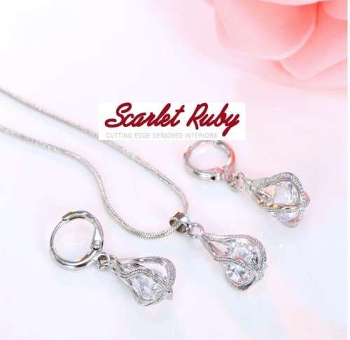 Sterling Silver S925 Floating Crystal Necklace and Earrings Jewellery Set