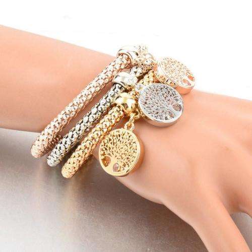 Tree of Life Bracelet Set of 3 - Silver, Rose Gold and Yellow Gold Plated
