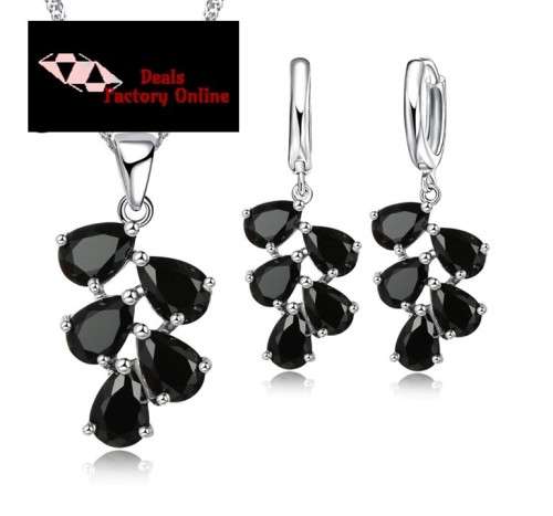 Sterling Silver S925 Simulated Black Diamond Necklace and Earrings Jewellery Set