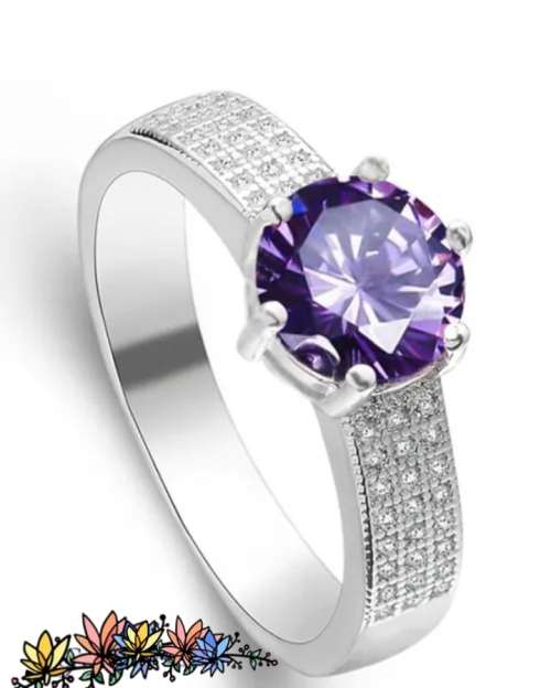 2.0CT Simulated Amethyst and Pave Cr.Diamond Engagement Ring in S925 Sterling Silver - 7 | P