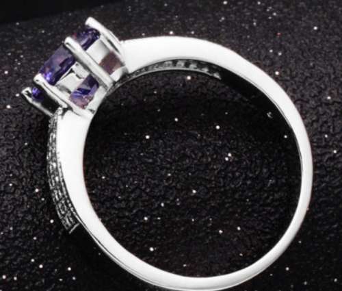 2.0CT Simulated Amethyst and Pave Cr.Diamond Engagement Ring in S925 Sterling Silver - 7 | P