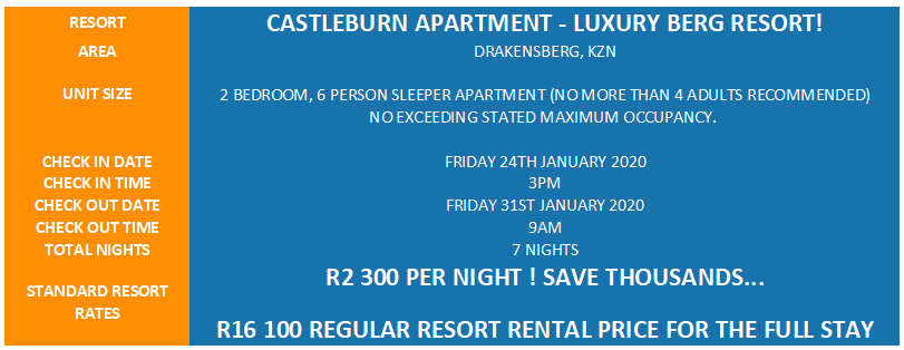 LUXURY BERG ESCAPE! R16 100 VALUE!!! CASTLEBURN APT 6 SLEEPER 24-01 > 31-01 (7 NIGHTS)
