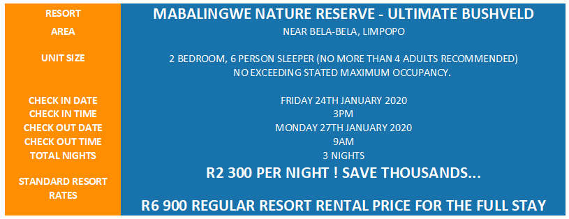 LIMPOPO BUSH LUXURY! R6 900 VALUE!!! MABALINGWE NATURE RESERVE 6 SLEEPER 24-01 > 27-01 (3 NIGHTS)