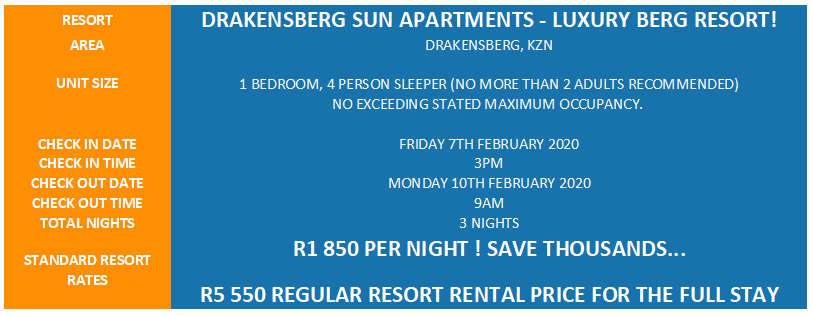 LUXURY BERG ESCAPE! R5 550 VALUE!!! DRAK SUN APARTMENTS 4 SLEEPER 07-02 > 10-02 (3 NIGHTS)