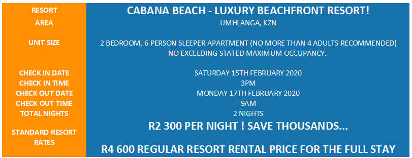 LUXURY BEACH ESCAPE! R4600 VALUE!!! CABANA BEACH 6 SLEEPER 15-02 > 17-02 (2 NIGHTS)