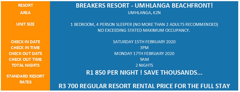 UMHLANGA BEACH ESCAPE! R3 700 VALUE!!! BREAKERS 4 SLEEPER 15-02 > 17-02 (2 NIGHTS)