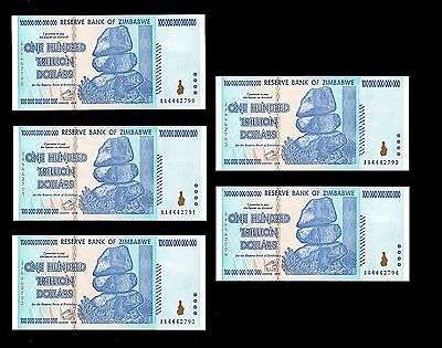 Lot of 5 - $100 Trillion Dollar Zimbabwe Notes Series 2008 AA Sequential (P-91)UNC