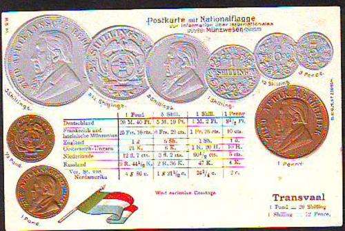 ZAR POSTCARD unused depicting coins 5/- to 1d