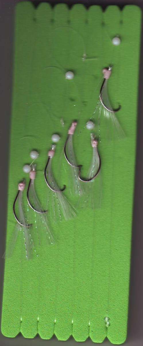 MACKERAL JIG WITH RED TIE UP WHITE SCIRT WITH ROUND GLOW BEAD 6 X No: 4 HOOK