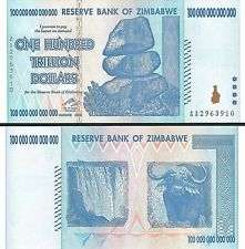 ZIMBABWE 100 TRILLION DOLLARS - UNC - AA PREFIX - HYPERINFLATION 2008 BANKNOTES MONEY: REF PICK - 91