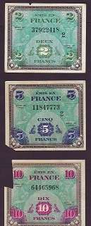 FRANCE  - 1944 series 2 ,5 and 10 Franc - 3 notes