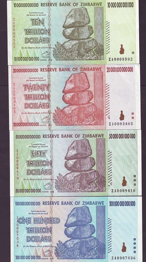 REPLACEMENT NOTES RARE  ZIMBABWE 100,50,20,10 TRILLION DOLLARS-UNC- PREFIX  ZA-HYPERINFLATION - RARE