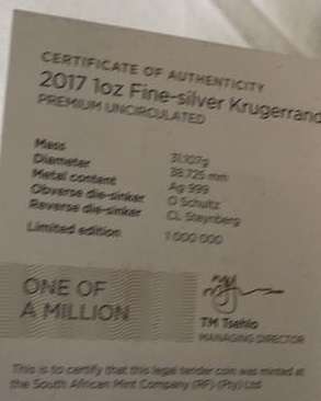 2017 Silver one ounce Krugerrand Legal Tender  coin