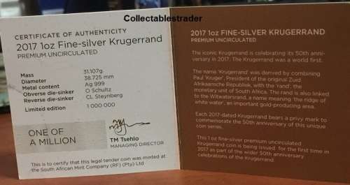 2017 SILVER KRUGERRAND R1-00 1oz  Coin Premium Uncirculated 50th Anniversary Commemorative