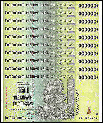 ZIMBABWE 10 TRILLION DOLLARS - UNC - AA PREFIX - HYPERINFLATION 2008 BANKNOTE x ONE