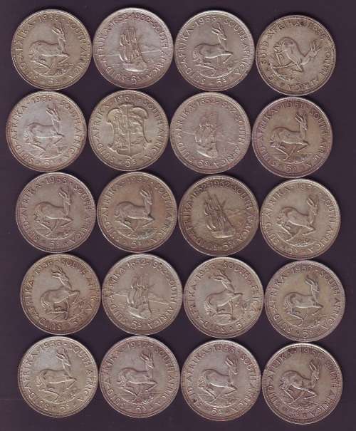 South Africa 5/- SILVER 50% mixed dates 1951 - 1960 condition as per scan
