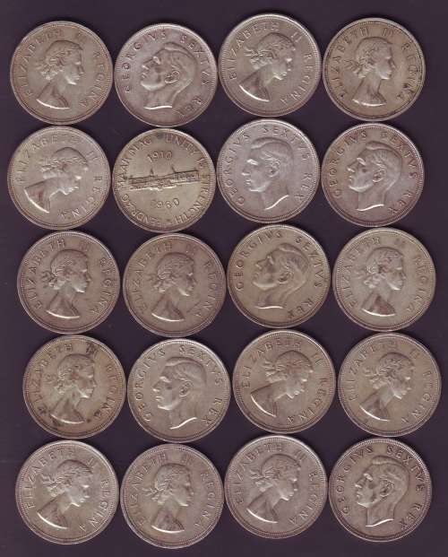 South Africa 5/- SILVER 50% mixed dates 1951 - 1960 condition as per scan