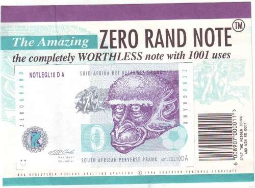 SOUTH AFRICA ZERO RAND NOTE LEGAL 10 DA