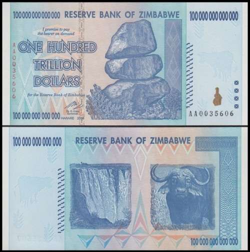 Zimbabwe One Hundred Trillion Dollars  one banknote ultra Violet Inspected Authenticated