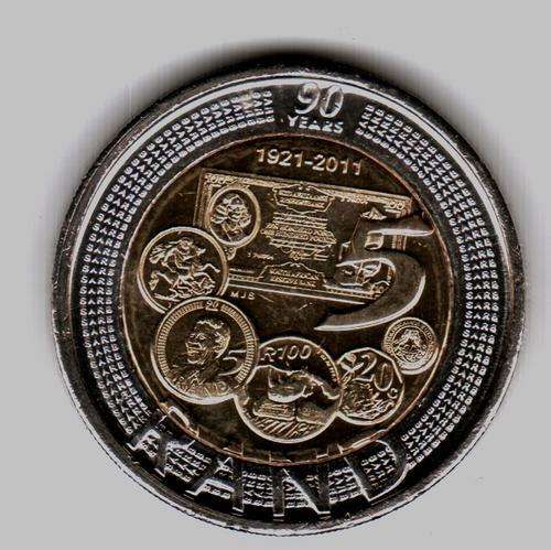 NEW SOUTH AFRICAN RESERVE BANK R5 COIN 90th ANNIVERSARY BI-METAL R5 2011 UNCIRCULATED 90TH BIRTHDAY